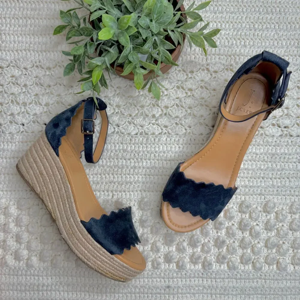 J. CREW Women's 10 Suede Leather Scalloped Flatform Espadrille Shoes Navy Tan